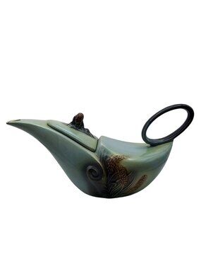 Vintage 50s Hull Art Pottery Sage Green Teapot Parchment & Pine Genie Lamp MCM